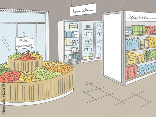 Grocery store graphic shop interior color sketch illustration vector