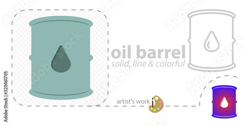 Oil drum container. barrel vector flat illustration, solid, line icon