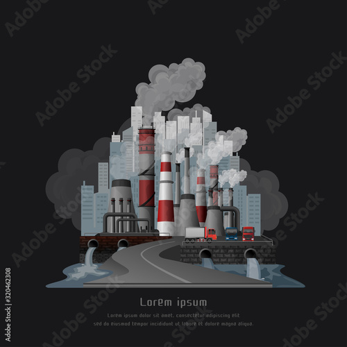 Global warming pollution concept, Urban landscape smoked polluted atmosphere from emissions of factories, view of pipes with smoke and residential city. vector and illustration.