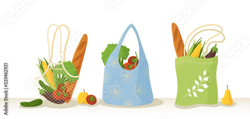 Recyclable shopping bags flat vector illustrations set