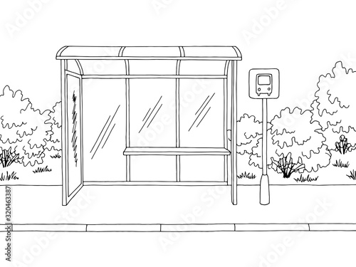 Bus stop graphic black white sketch illustration vector