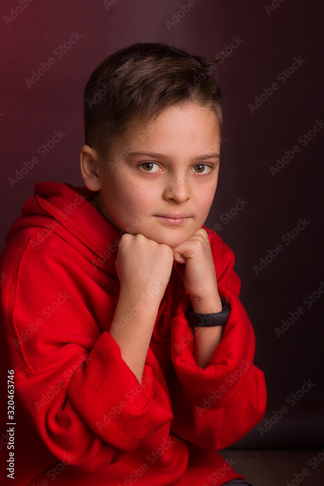 Studio portrait of a dark-haired boy, on a maroon background, in a red hoodie jacket Studio portrait of a dark-haired boy, on a maroon background, in a red hoodie jacket