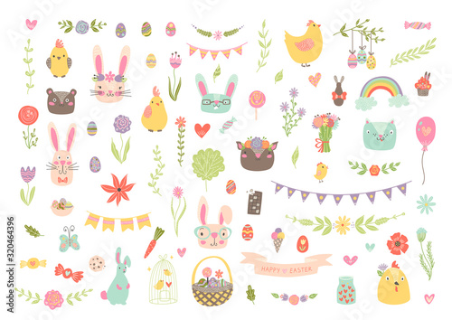 unique vector easter clipart with hand drawn easter elements. isolated cute spring cartoon clip art set: bunny, cat, bear, eggs, deer, chicken, floral frame, flower, rainbow, basket, bird, ribbon etc.