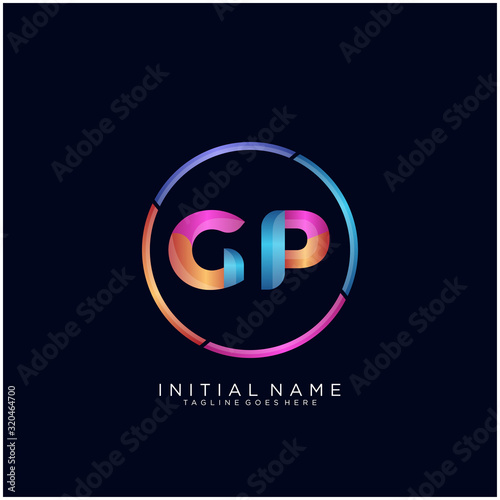 Initial letter GP curve rounded logo, gradient vibrant colorful glossy colors on black background