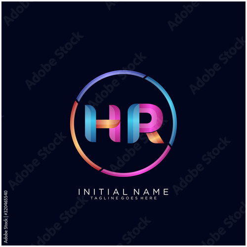 Initial letter HR curve rounded logo, gradient vibrant colorful glossy colors on black background