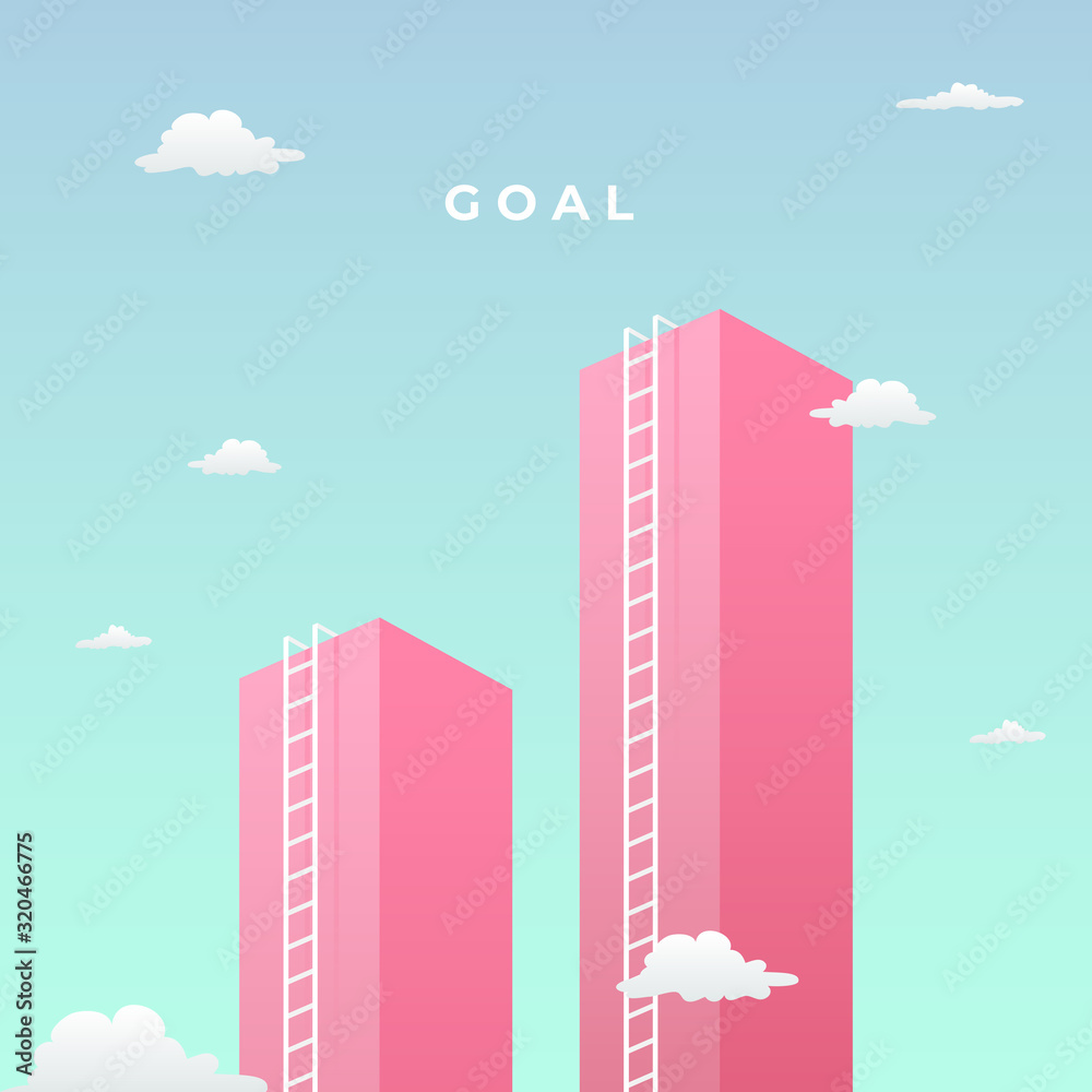 reach the goal step by step visual concept with minimalist art design. high giant wall towards the sky and tall ladder vector illustration.