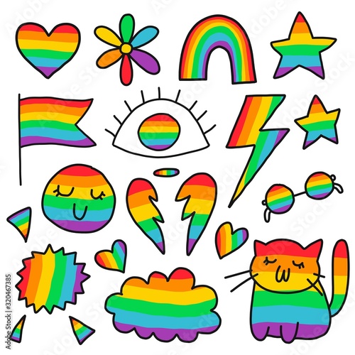 Vector pride LGBT icon handdrawn set. Doodle heart, flower, star, flag, eye, thynderbolt, glasses, wings, cat, cloud in rainbow colors. Gay pride month. 