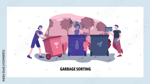 Garbage sorting concept. People sort and separate waste for recycle. Vector web site design template. Landing page website concept illustration