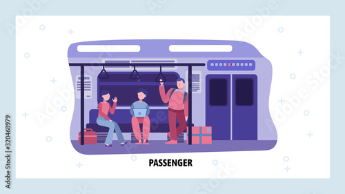 Subway underground train interior with passengers. People commute in city metro. Vector web site design template. Landing page website concept illustration