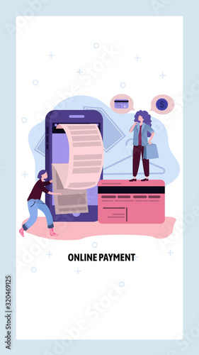 Online payment concept. Customer pays online using mobile phone and credit card. Digital payment and financial bill. Vector web site design template. Landing page website concept illustration