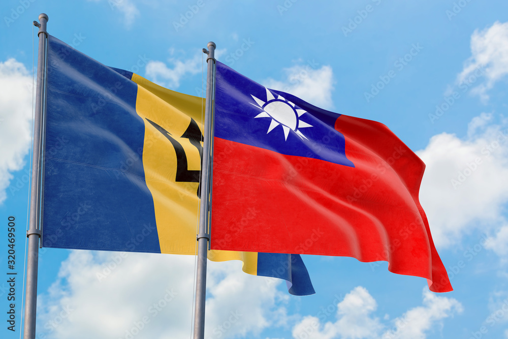 Taiwan and Barbados flags waving in the wind against white cloudy blue sky together. Diplomacy concept, international relations. Taiwan and Barbados flags waving in the wind against white cloudy blue sky together. Diplomacy concept, international relations.