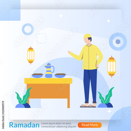Ramadan Kareem concept, islamic greeting card for happy fasting and ied Mubarak with lantern, mosque, suitable for web landing page, social media post, banner, background, poster. Vector illustration