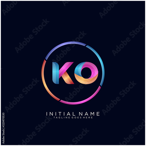 Initial letter KO curve rounded logo, gradient vibrant colorful glossy colors on black background