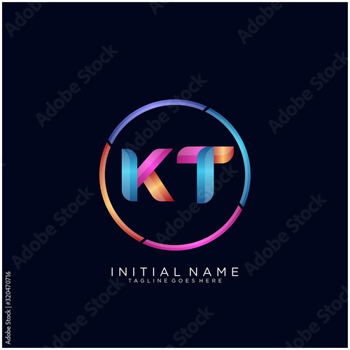 Initial letter KT curve rounded logo, gradient vibrant colorful glossy colors on black background