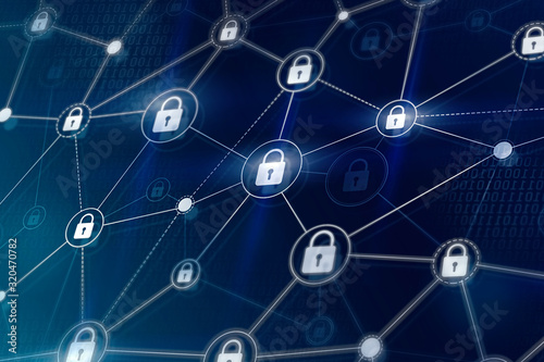 Network internet security and global data protection. Cybersecurity and safe information communication. Modern design glowing blue illustration with connected locks on virtual screen.