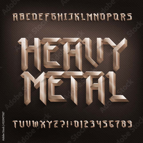 Heavy Metal alphabet font. 3D golden color beveled letters and numbers. Stock vector typescript for your design.