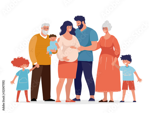 A large happy family is standing and hugging. Several generations, grandparents, parents with children, grandchildren. Flat cartoon vector illustration.