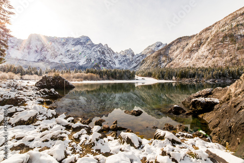 first snow at the mountain lake