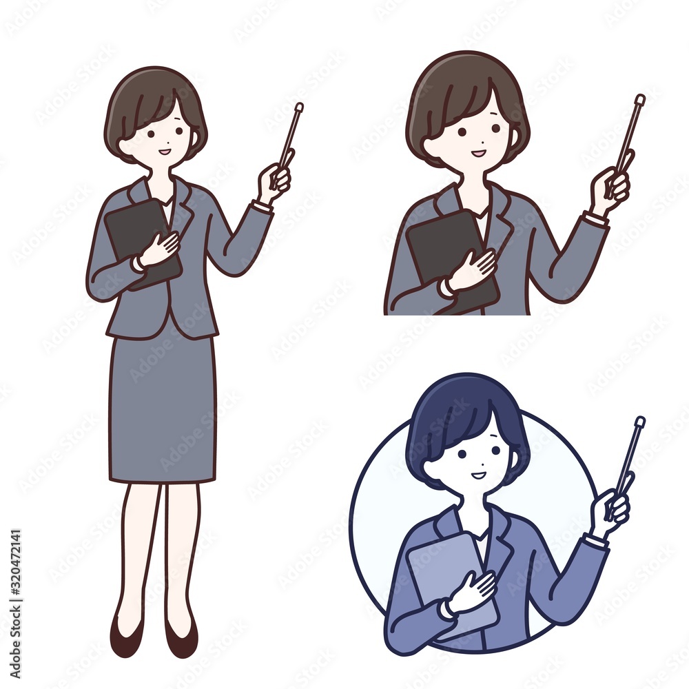 指示棒で指しながら説明をしているスーツ姿の女性 指示棒で指しながら説明をしているスーツ姿の女性