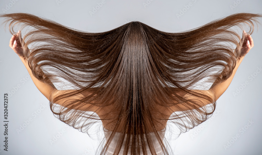 Back view of a brunette woman with a long straight hair. - obrazy, fototapety, plakaty 