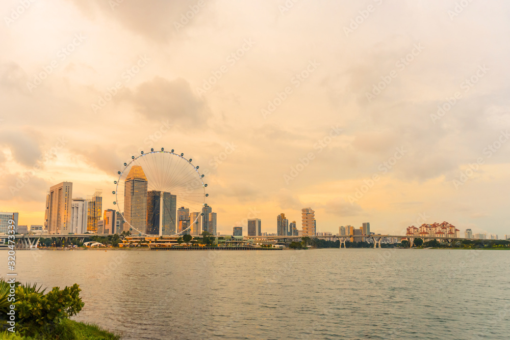 Landscape of Singapore city skyline at sunset. cityscape, architecture and travel background