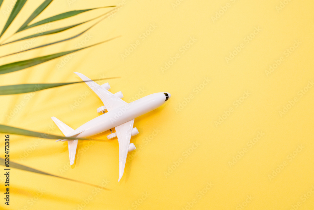 Miniature toy airplane on yellow background decorated with greenery. Copy space Miniature toy airplane on yellow background decorated with greenery. Copy space