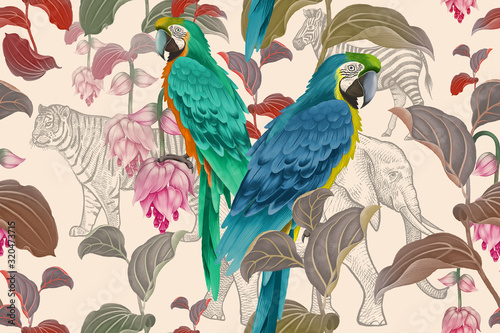 Leaves, flowers, macaw and wild African animals. Seamless pattern