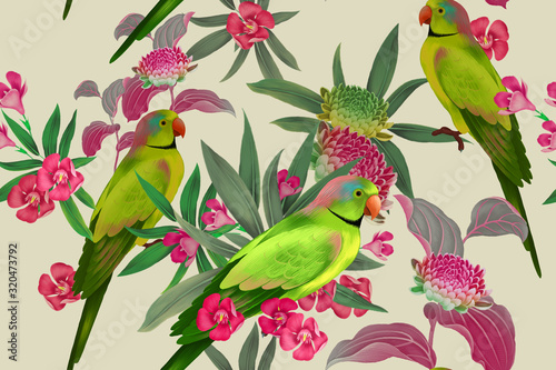 Photography Vintage Leaves, flowers and green parrots. Seamless pattern