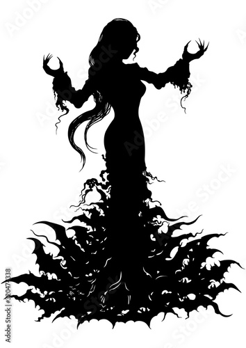 Polymorph vampire lady/ Silhouette of a vampire woman emerging from bats' cloud