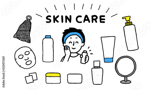 スキンケア用品でスキンケアする男性（シンプル）