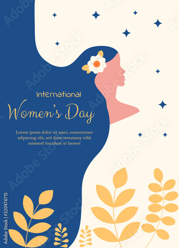 Elegant greeting card design with illustration of young girl for Happy Women's Day celebration. 8 march, womans day, womens day background, womens day banners, womens day flyer, women's day design