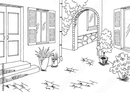 Old street graphic black white town landscape sketch illustration vector