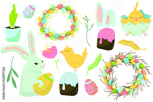 Set of cute Easter design elements bunny, chicks, eggs isolated on white background.Vector illustration, clip art, collection object, decorating postcard, invation,print