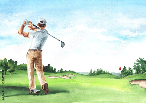 Man Playing Golf on Beautiful golf course with green field with a rich turf, Hand drawn watercolor illustration and background