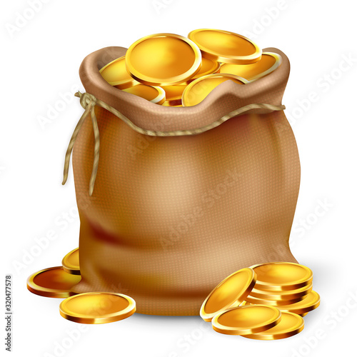 Golden Coin In Vintage Fabric Bag Purse Vector. Precious Gold Metallic Money Cash Coin Stack Near Antique Sack, Treasure. Banking And Financial Economic Concept Layout 3d Illustration
