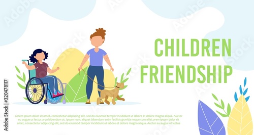 Disabled Children Friendship Relationships Trendy Flat Vector Banner, Poster Template. Little Girl with Disabilities, Child in Wheelchair Walking with Friend and Dog, Having Fun Outdoors Illustration