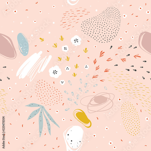 Fototapeta Abstract seamless pattern with scribble textures and doodle floral elements. Good for birthday, bridal and baby shower.