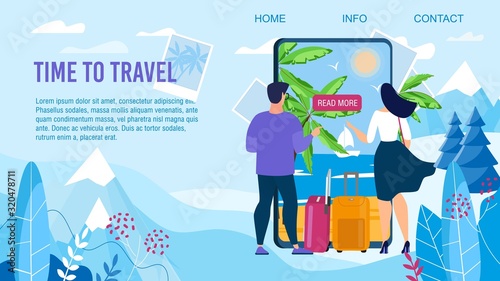 Time to Travel Design. Landing Page Advertising Trendy Mobile Application for Tour Selection to Exotic Country. Man Woman Couple Standing front of Mobile Screen Choosing Resort. Vector Illustration