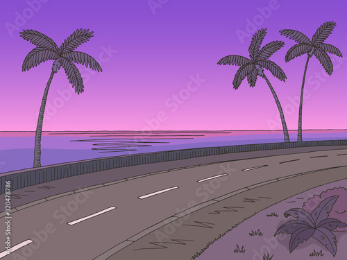 Street road sunset graphic palm tree color sea landscape sketch illustration vector