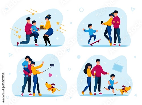 Family Togetherness and Happy Relationships Trendy Flat Vector Concepts Set. Parents with Children Greeting Kid with Birthday, Making Memorable Photos, Playing with Pet at Home Isolated Illustrations