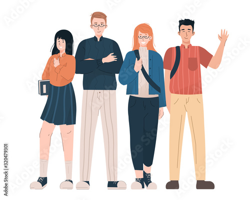 Group of happy students with backpacks and book. Boys and girls in casual clothes. Youth lifestyle concept