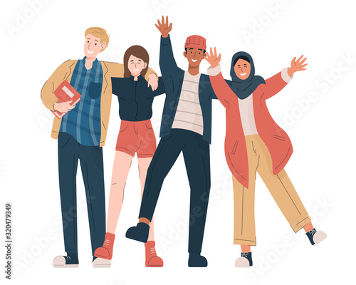 Group of multicultural students. Happy young students in casual clothes embracing each other, waving hands