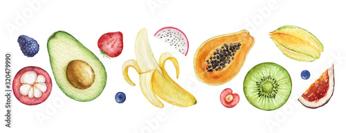 Watercolor vector hand painted set of exotic fruits.