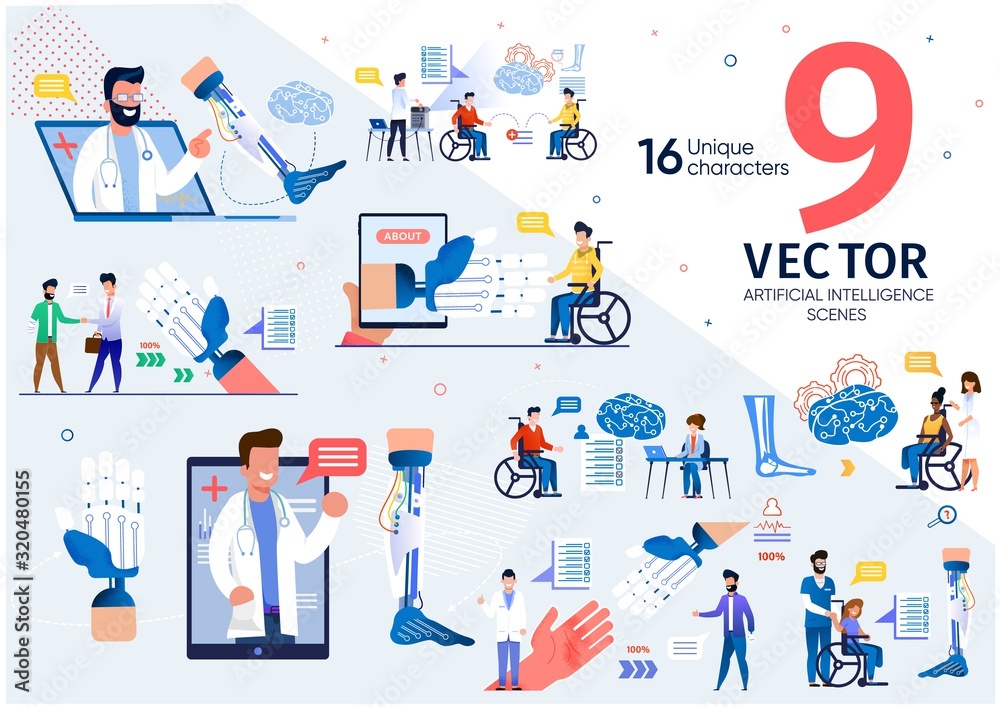 Robotic Prosthesis with Artificial Intelligence Trendy Flat Vector Scenes Set. Disabled or Handicapped Men and Woman Characters in Wheelchair Ready to Try Prosthesis with Neurointerface Illustrations