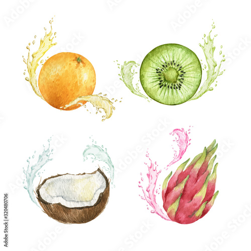 Watercolor vector hand painted set of exotic fruits.