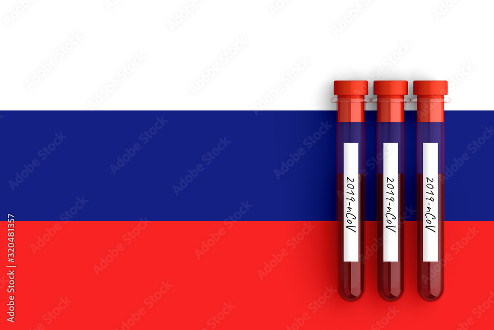 Test tubes with the inscription 2019-nCoV on the background of the red Russian flag. 3D illustration. Test tubes with the inscription 2019-nCoV on the background of the red Russian flag. 3D illustration.
