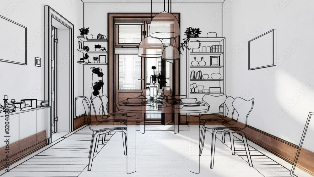 Modern Dinning Room Inside a Fresh Renovated Building - loopable 3d visualization
