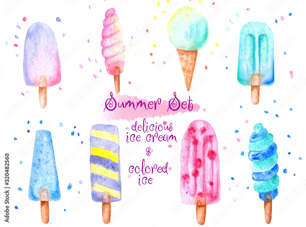 A watercolor set of delicious ice cream and colored ice A watercolor set of delicious ice cream and colored ice
