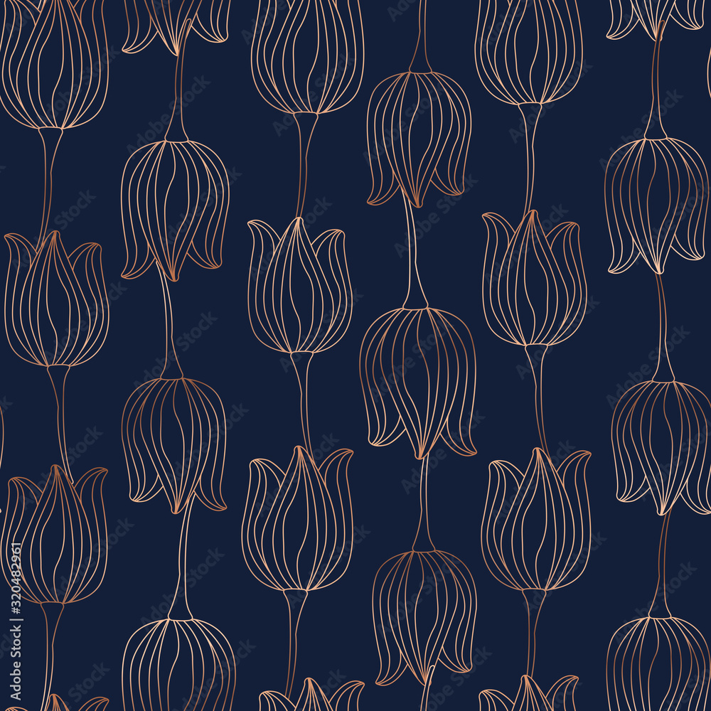 Copper gold shiny tulip spring seamless pattern