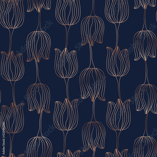 Copper gold shiny tulip spring seamless pattern
